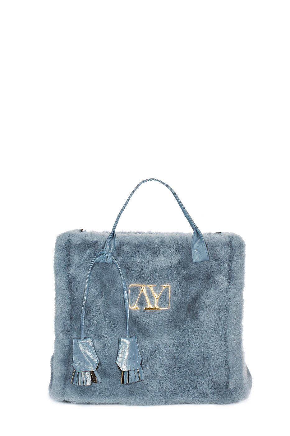 BORSA FAKE FUR CON LOGO E MANICO ECOPELLE, 35X30X15 - LIGHT BLUE